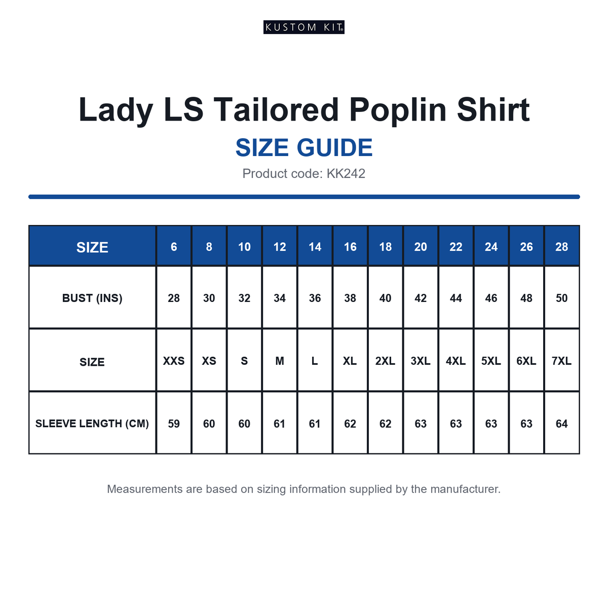 KK242 Kustom Kit Lady LS Tailored Poplin Shirt size guide (KK242)