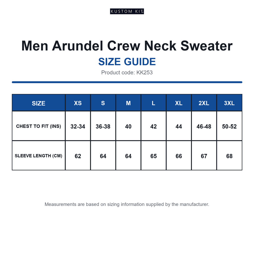 KK253 Kustom Kit Men Arundel Crew Neck Sweater size guide (KK253)
