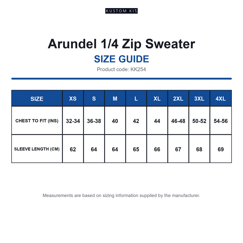 KK254 Kustom Kit Arundel 1/4 Zip Sweater size guide (KK254)