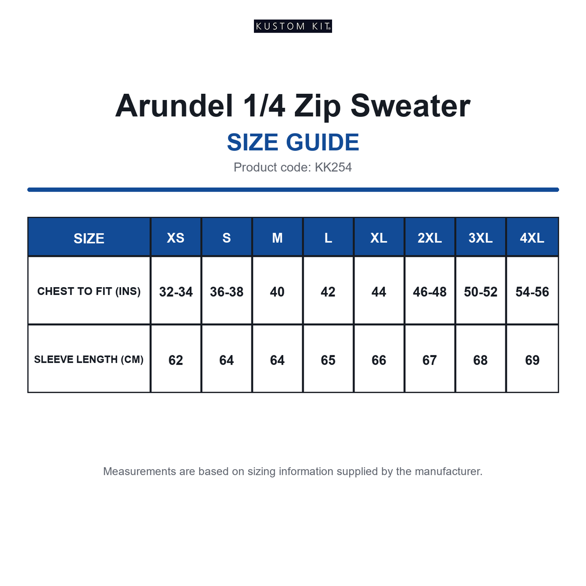 KK254 Kustom Kit Arundel 1/4 Zip Sweater size guide (KK254)