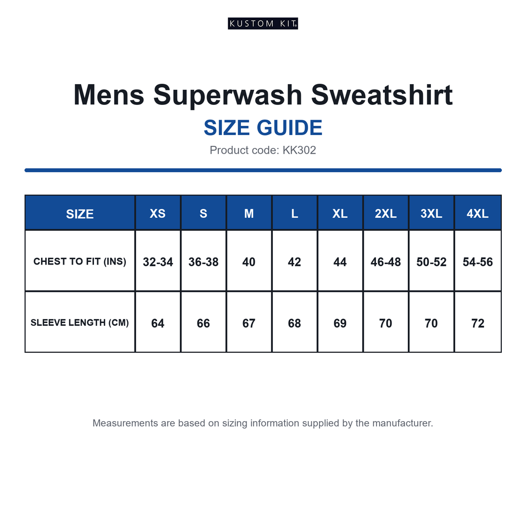 KK302 Kustom Kit Mens Superwash Sweatshirt size guide (KK302)