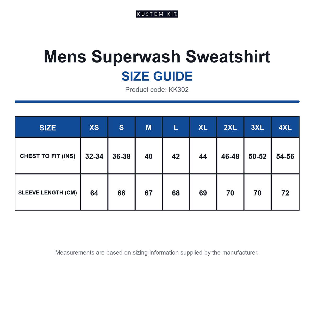 KK302 Kustom Kit Mens Superwash Sweatshirt size guide (KK302)