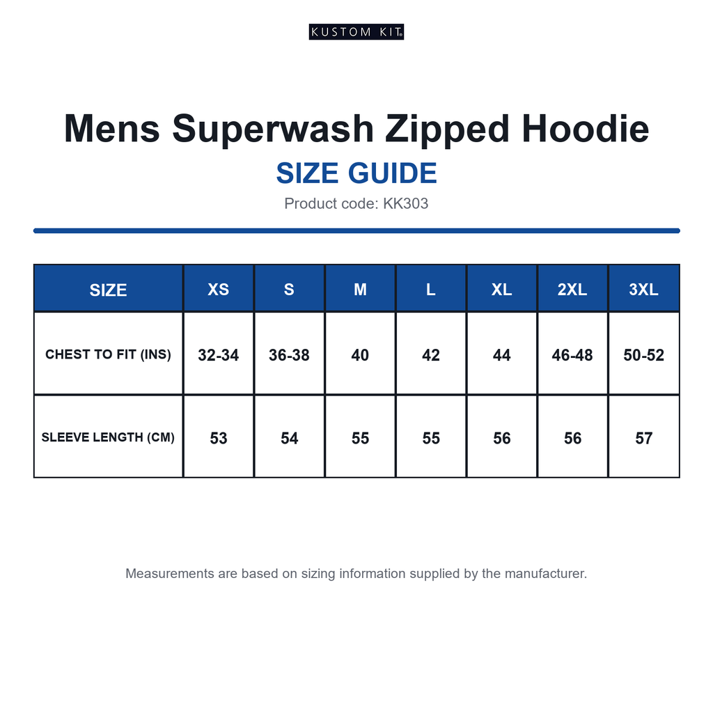 KK303 Kustom Kit Mens Superwash Zipped Hoodie size guide (KK303)