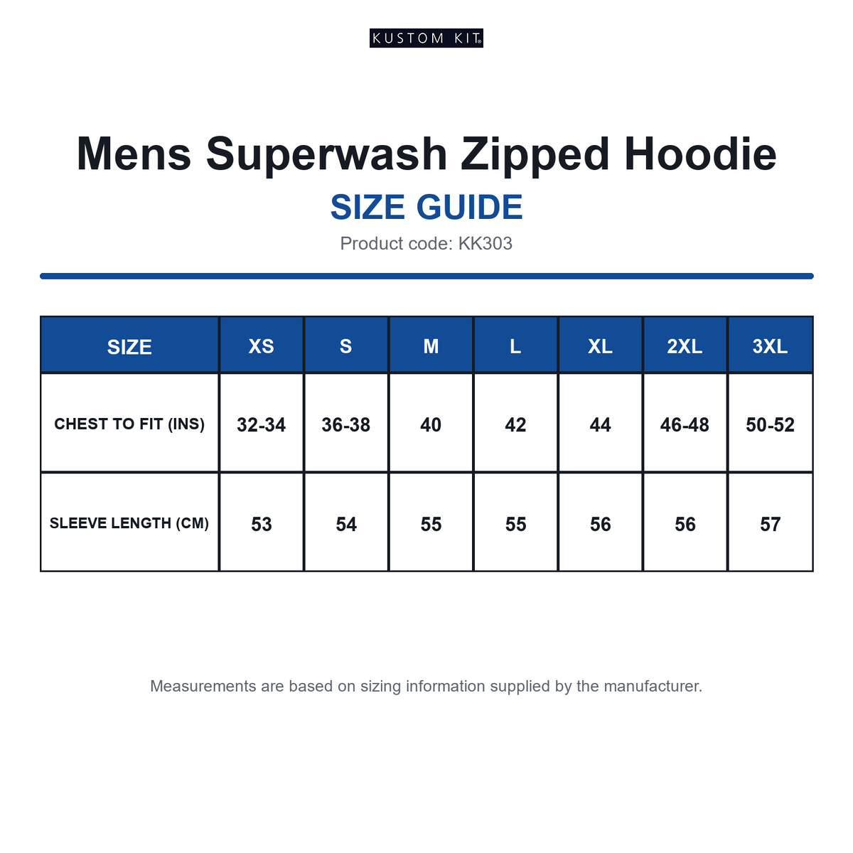 KK303 Kustom Kit Mens Superwash Zipped Hoodie size guide (KK303)