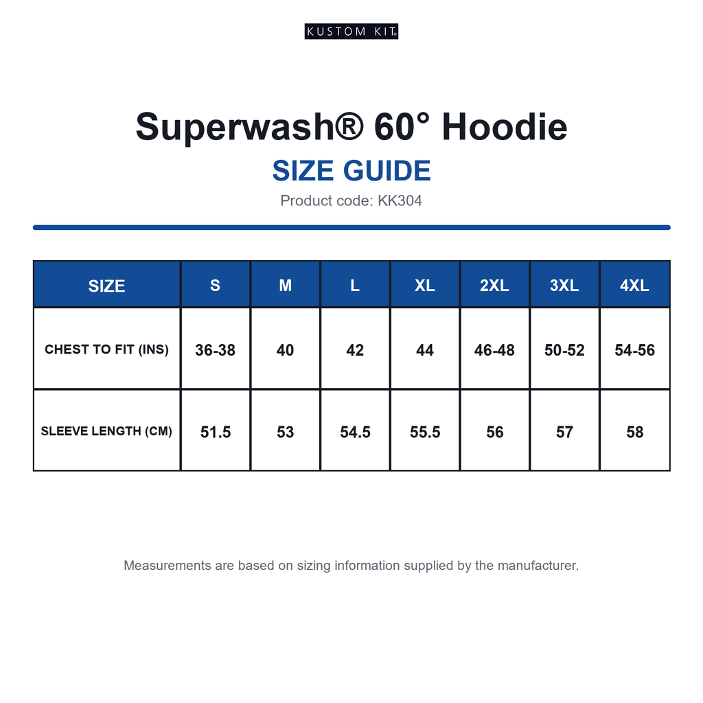 KK304 Kustom Kit Superwash® 60° Hoodie size guide (KK304)