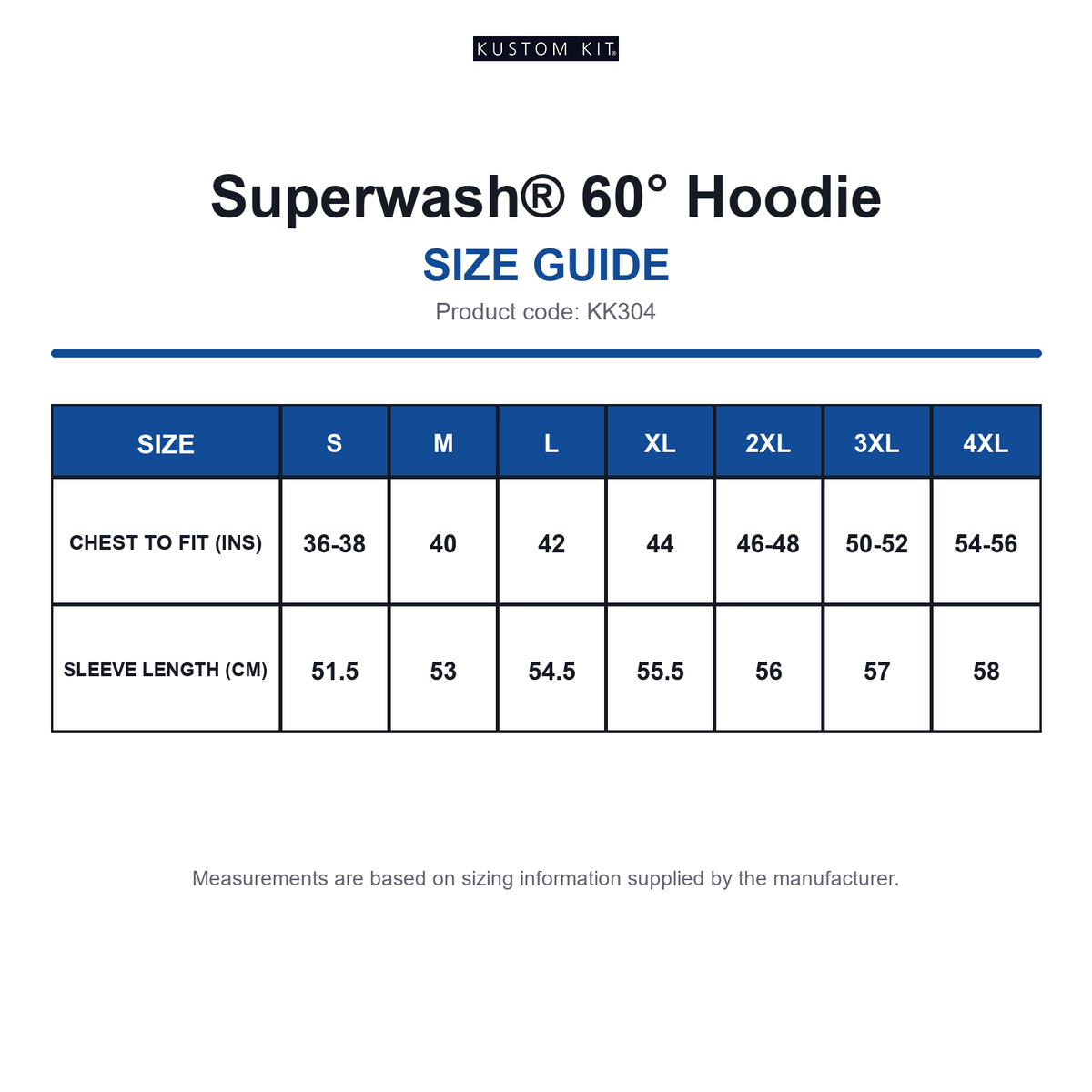 KK304 Kustom Kit Superwash® 60° Hoodie size guide (KK304)