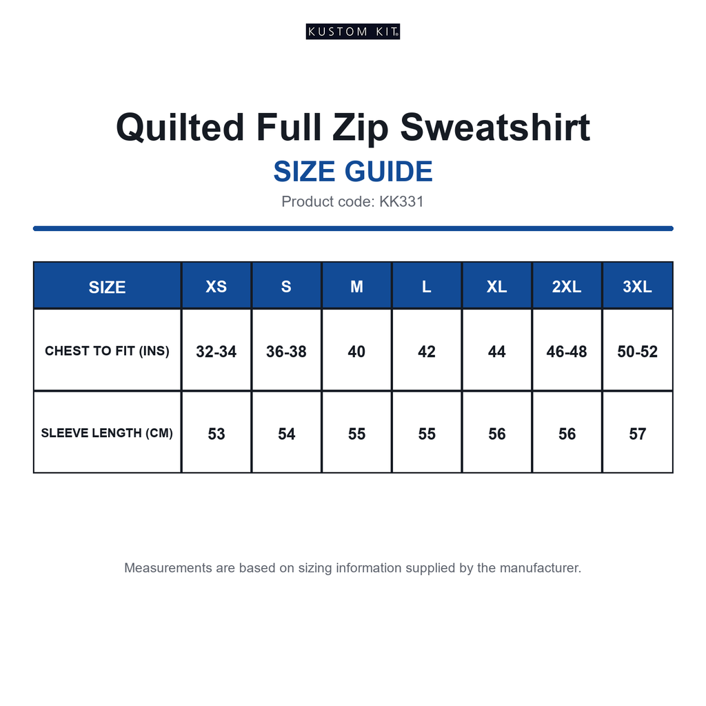 KK331 Kustom Kit Quilted Full Zip Sweatshirt size guide (KK331)