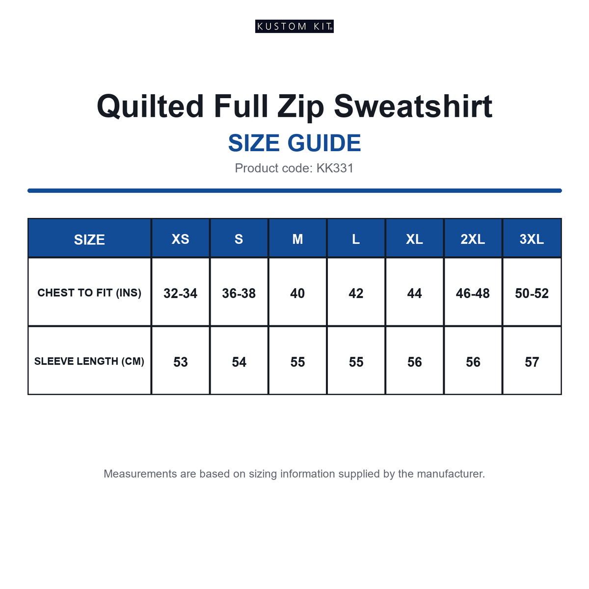 KK331 Kustom Kit Quilted Full Zip Sweatshirt size guide (KK331)