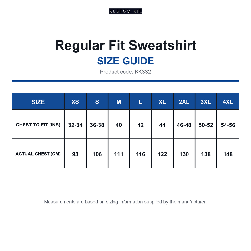 KK332 Kustom Kit Regular Fit Sweatshirt size guide (KK332)