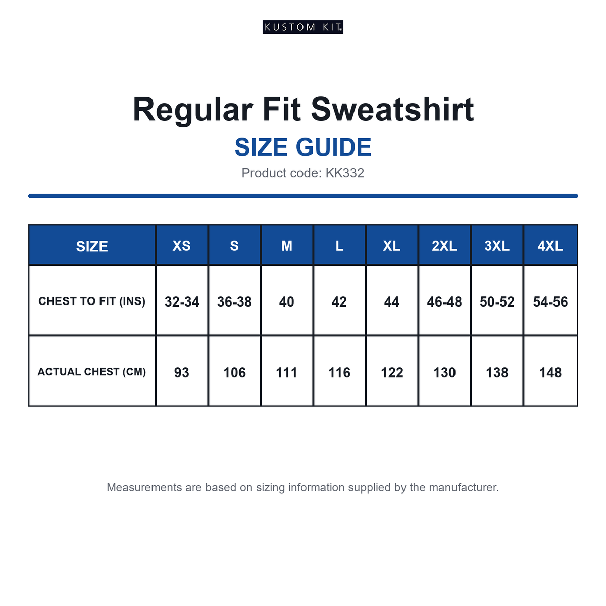 KK332 Kustom Kit Regular Fit Sweatshirt size guide (KK332)