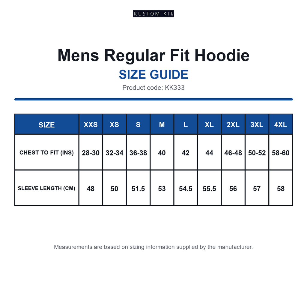 KK333 Kustom Kit Mens Regular Fit Hoodie size guide (KK333)