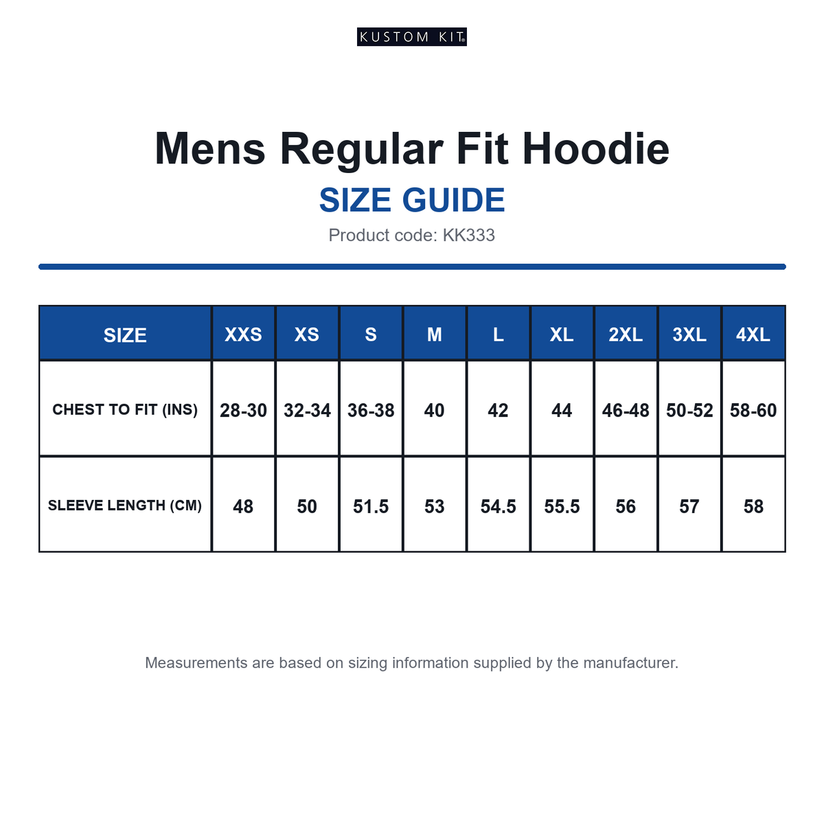 KK333 Kustom Kit Mens Regular Fit Hoodie size guide (KK333)