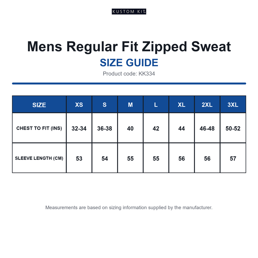 KK334 Kustom Kit Mens Regular Fit Zipped Sweat size guide (KK334)