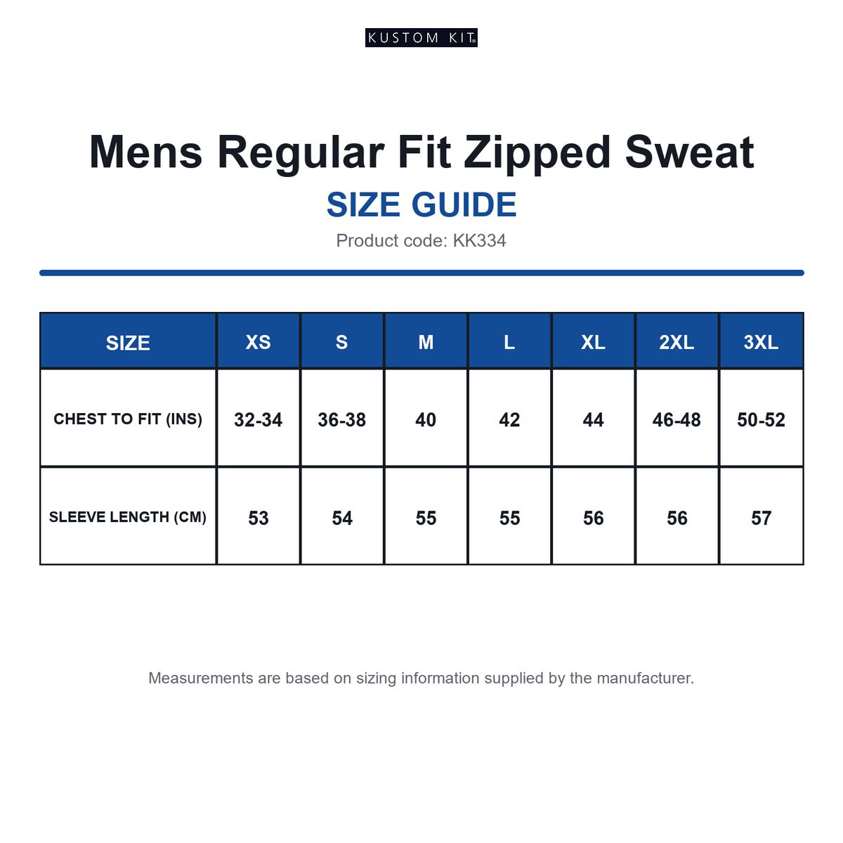 KK334 Kustom Kit Mens Regular Fit Zipped Sweat size guide (KK334)