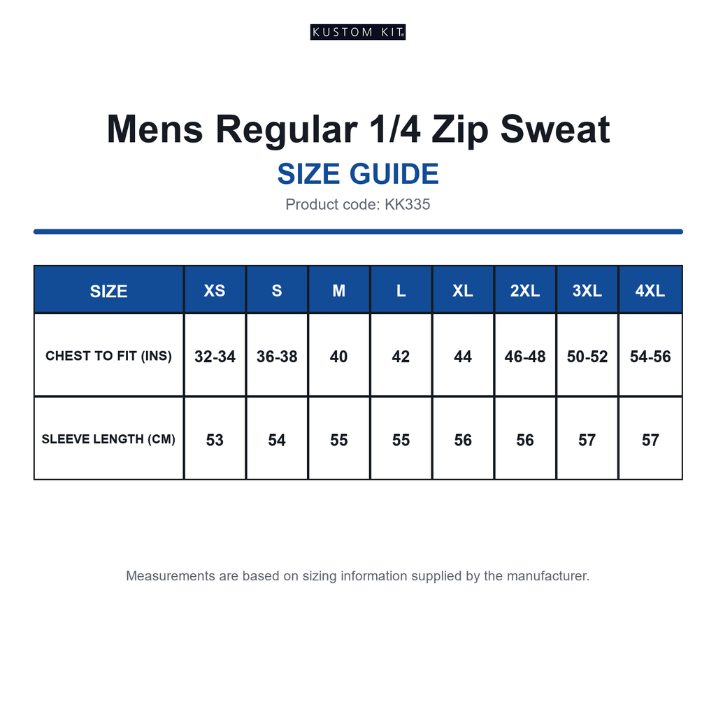 KK335 Kustom Kit Mens Regular 1/4 Zip Sweat size guide (KK335)
