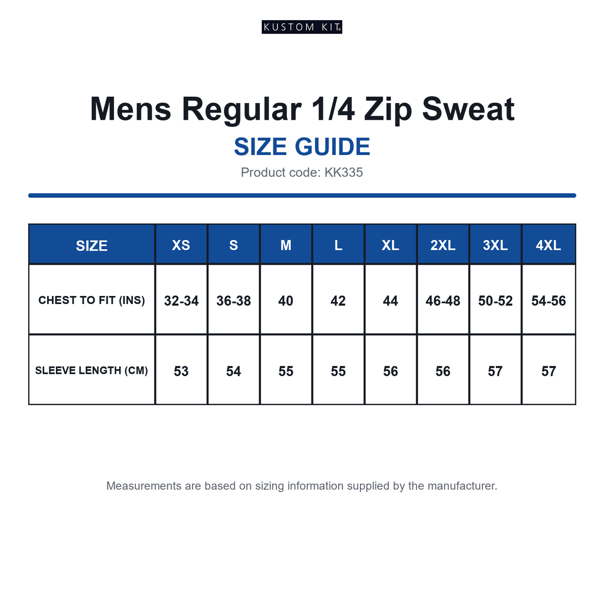 KK335 Kustom Kit Mens Regular 1/4 Zip Sweat size guide (KK335)