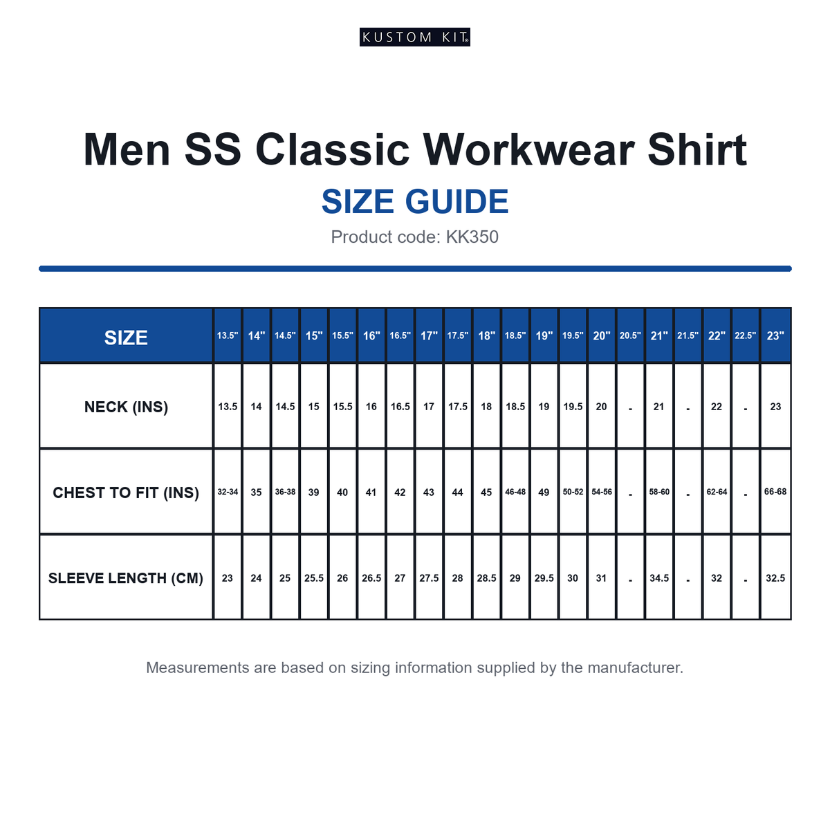 KK350 Kustom Kit Men SS Classic Workwear Shirt size guide (KK350)