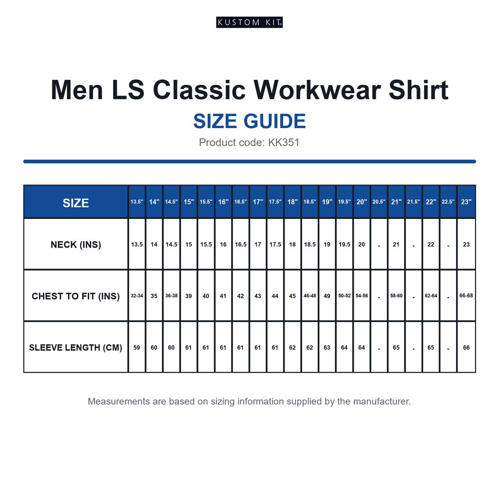 KK351 Kustom Kit Men LS Classic Workwear Shirt size guide (KK351)