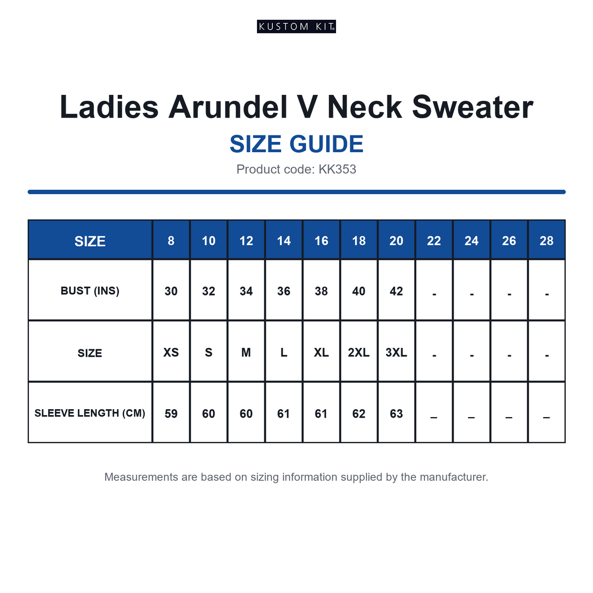 KK353 Kustom Kit Ladies Arundel V Neck Sweater size guide (KK353)