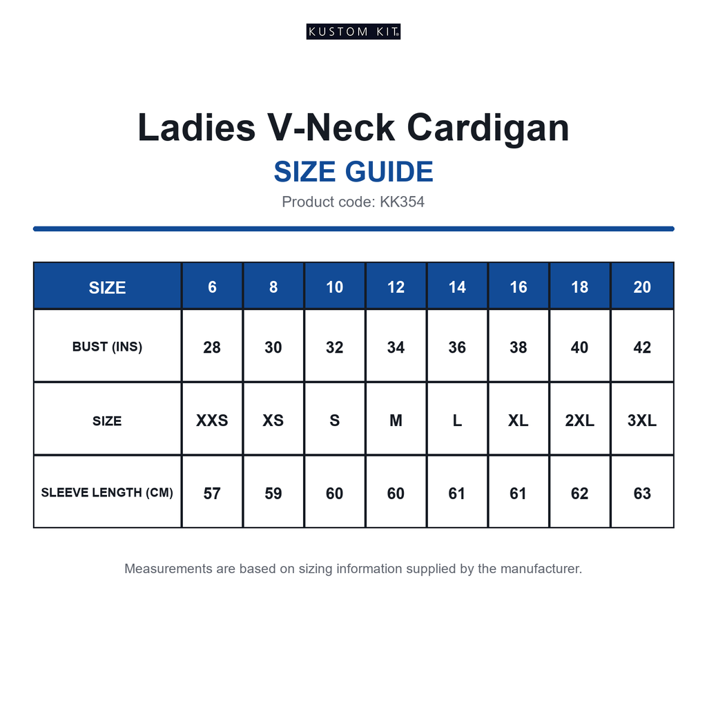 KK354 Kustom Kit Ladies V-Neck Cardigan size guide (KK354)
