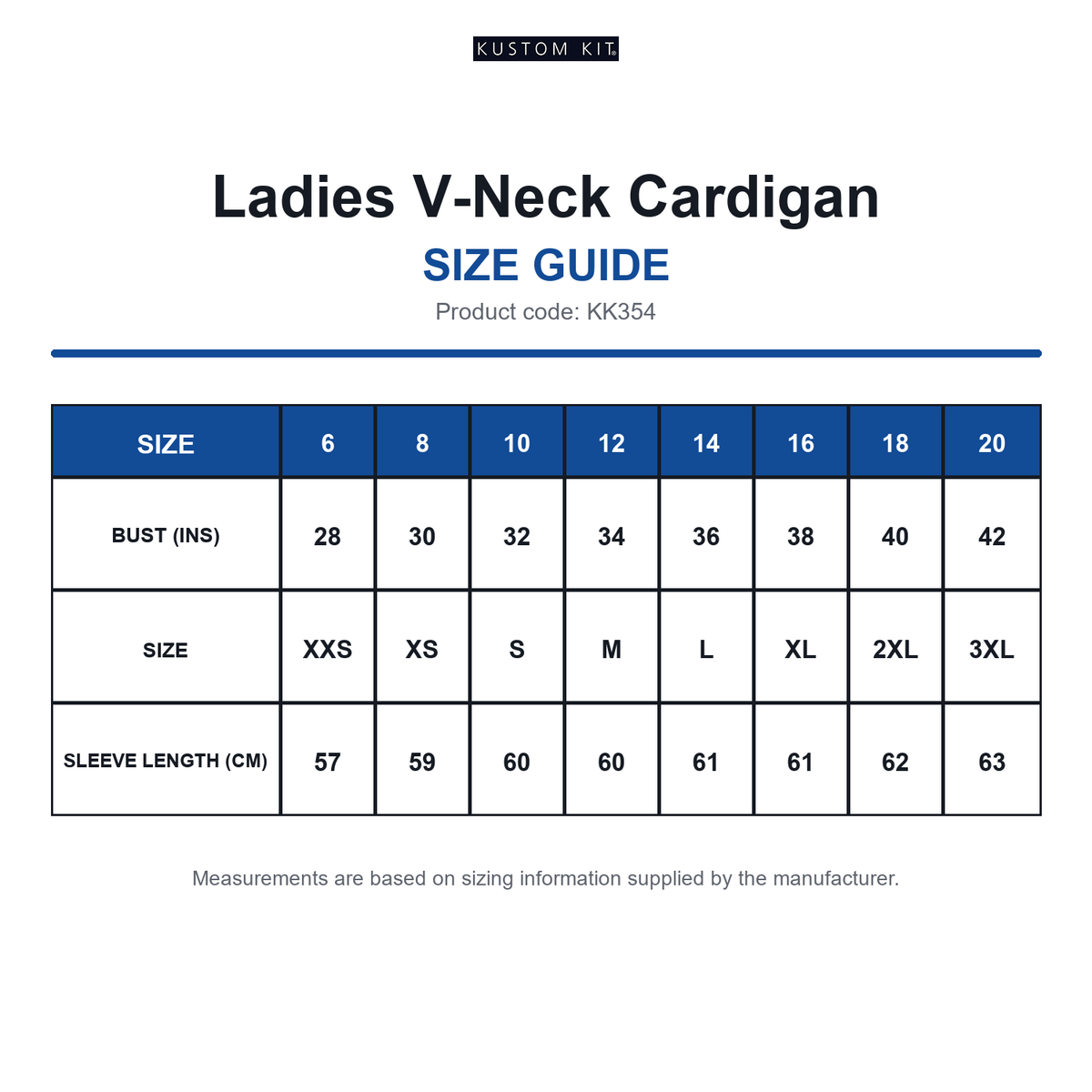 KK354 Kustom Kit Ladies V-Neck Cardigan size guide (KK354)