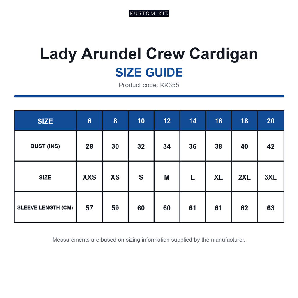 KK355 Kustom Kit Lady Arundel Crew Cardigan size guide (KK355)