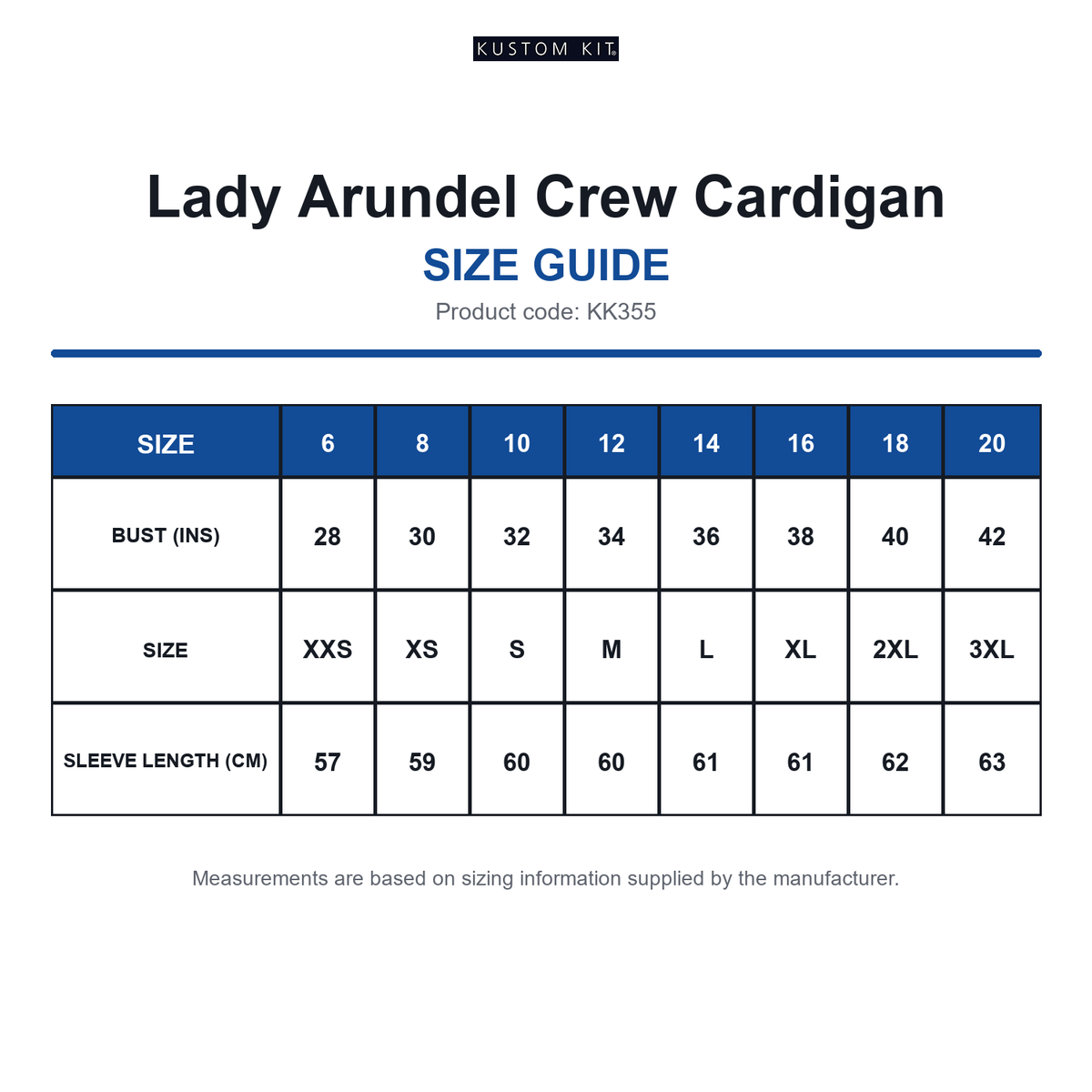 KK355 Kustom Kit Lady Arundel Crew Cardigan size guide (KK355)