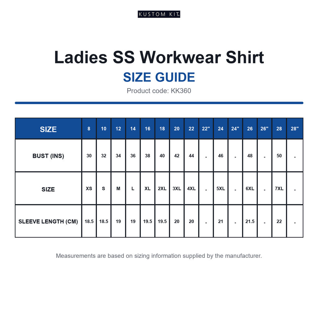 KK360 Kustom Kit Ladies SS Workwear Shirt size guide (KK360)