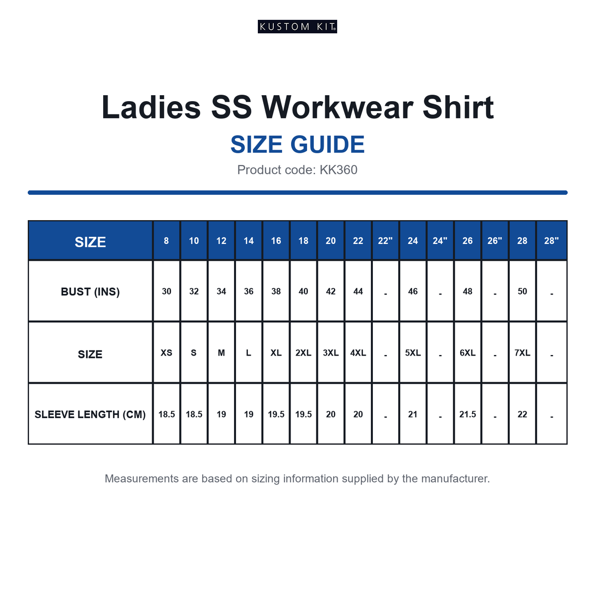 KK360 Kustom Kit Ladies SS Workwear Shirt size guide (KK360)
