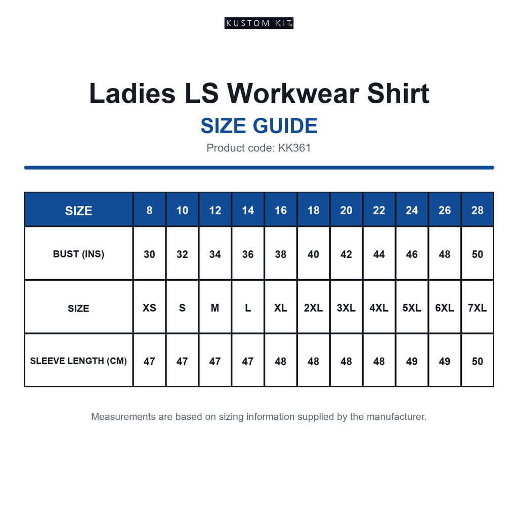 KK361 Kustom Kit Ladies LS Workwear Shirt size guide (KK361)