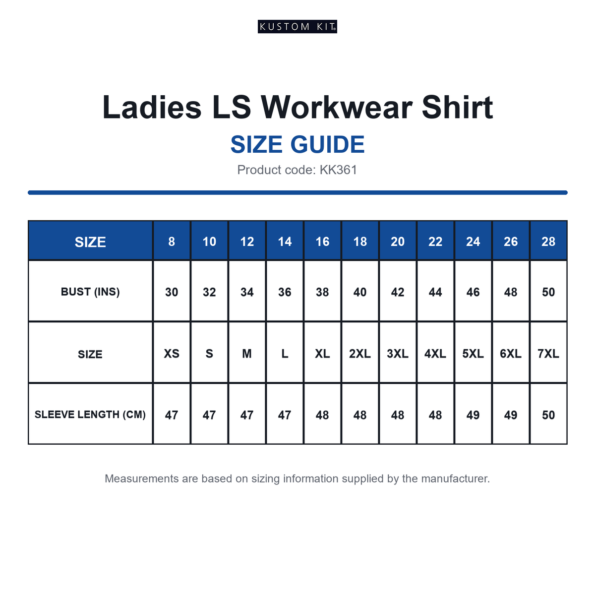 KK361 Kustom Kit Ladies LS Workwear Shirt size guide (KK361)