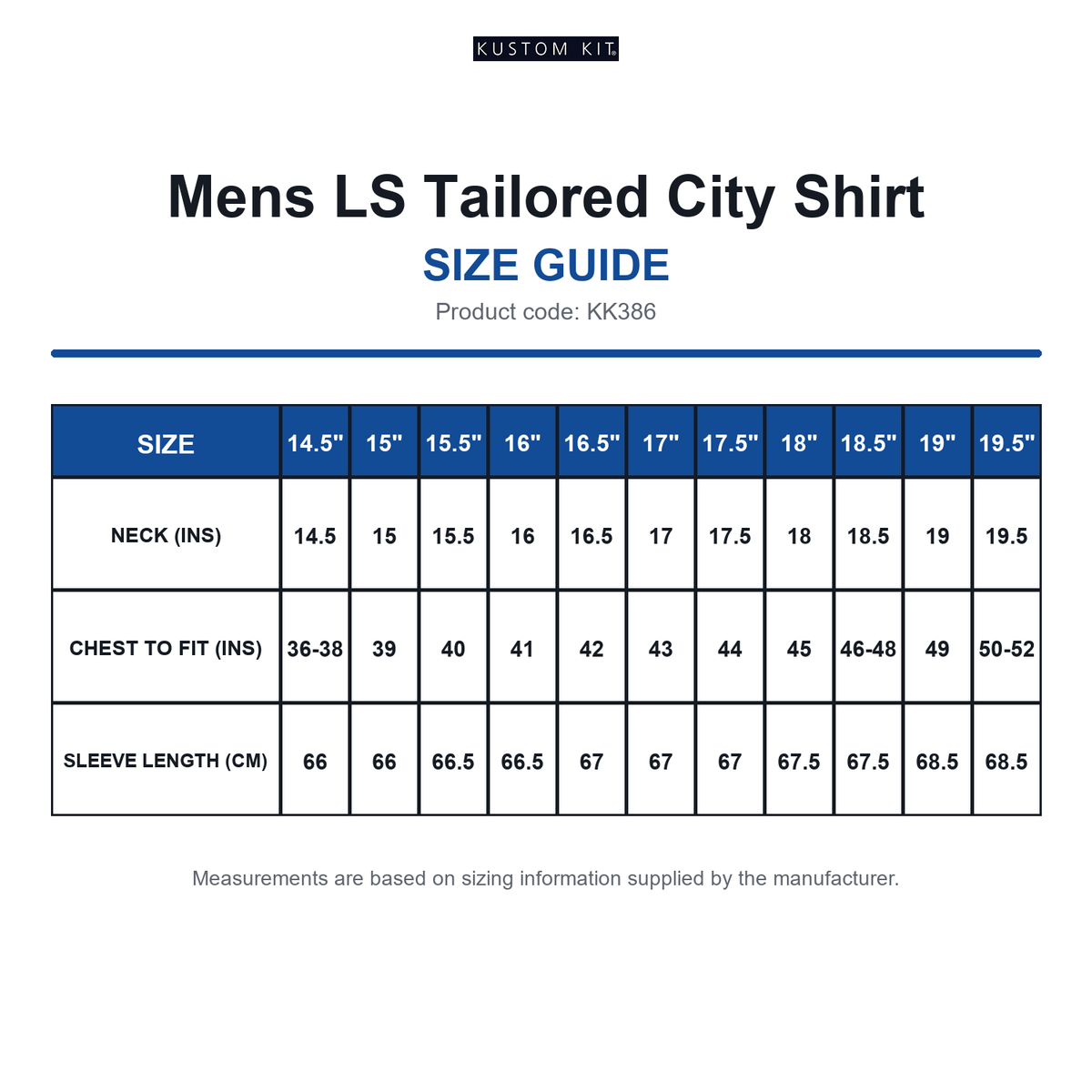 KK386 Kustom Kit Mens LS Tailored City Shirt size guide (KK386)