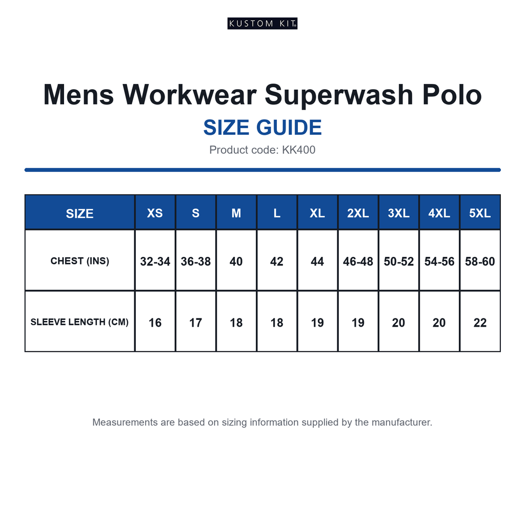 KK400 Kustom Kit Mens Workwear Superwash Polo size guide (KK400)