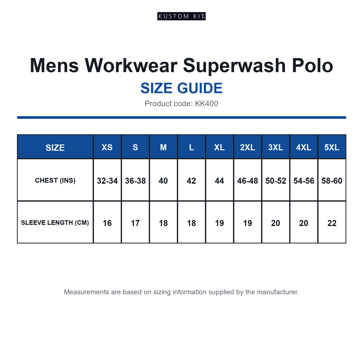 KK400 Kustom Kit Mens Workwear Superwash Polo size guide (KK400)