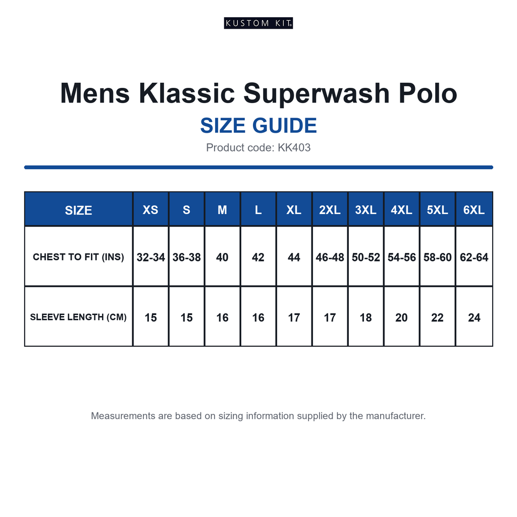 KK403 Kustom Kit Mens Klassic Superwash Polo size guide (KK403)