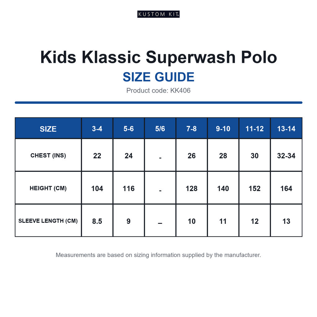 KK406 Kustom Kit Kids Klassic Superwash Polo size guide (KK406)