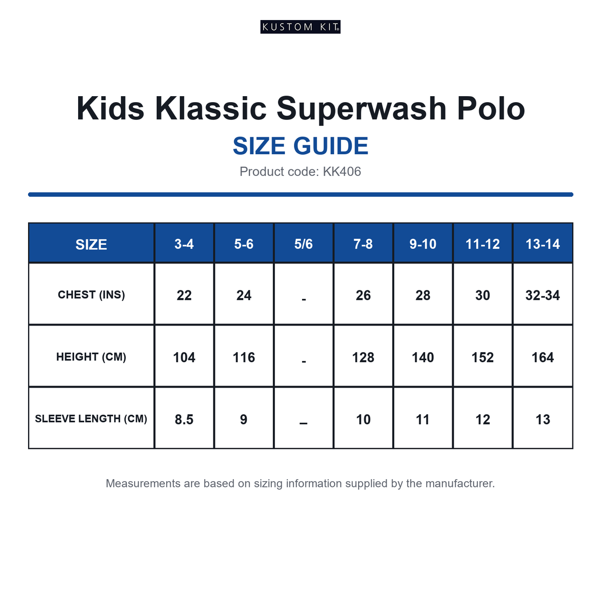 KK406 Kustom Kit Kids Klassic Superwash Polo size guide (KK406)