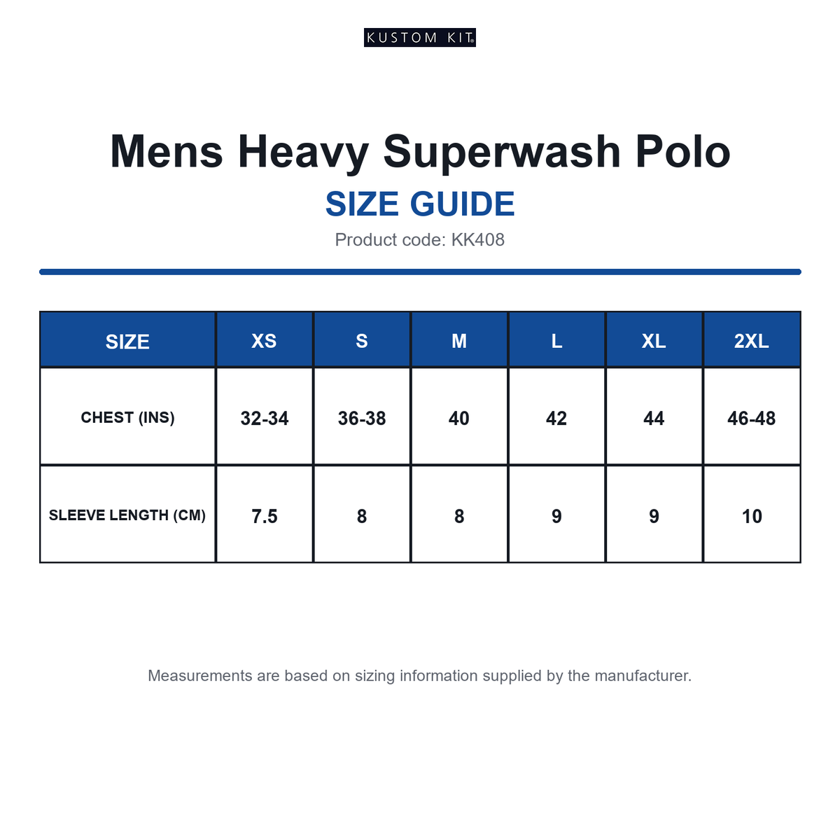 KK408 Kustom Kit Mens Heavy Superwash Polo size guide (KK408)