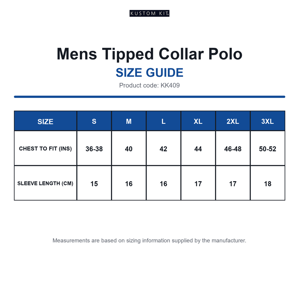 KK409 Kustom Kit Mens Tipped Collar Polo size guide (KK409)