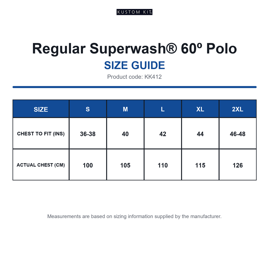 KK412 Kustom Kit Regular Superwash® 60º Polo size guide (KK412)