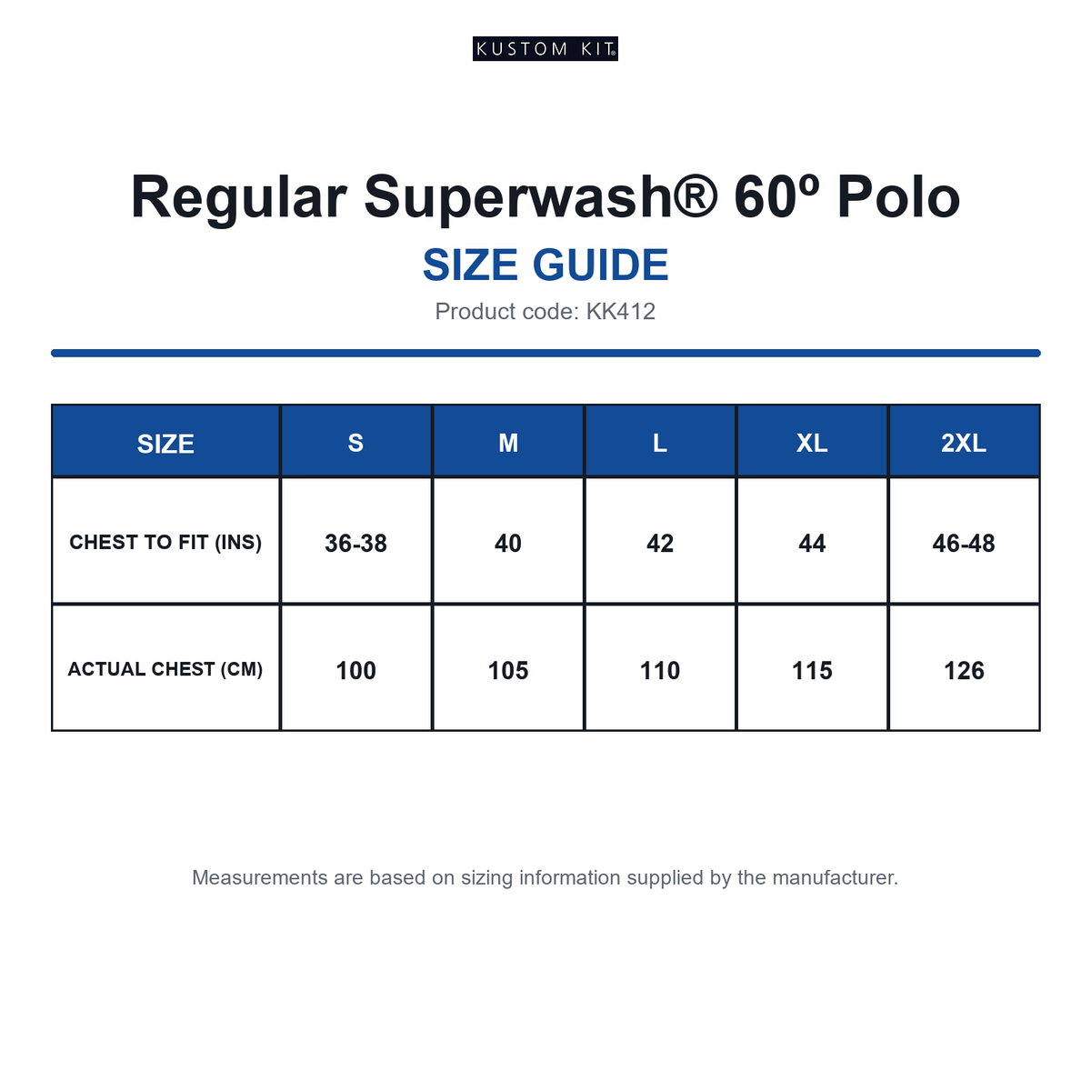 KK412 Kustom Kit Regular Superwash® 60º Polo size guide (KK412)