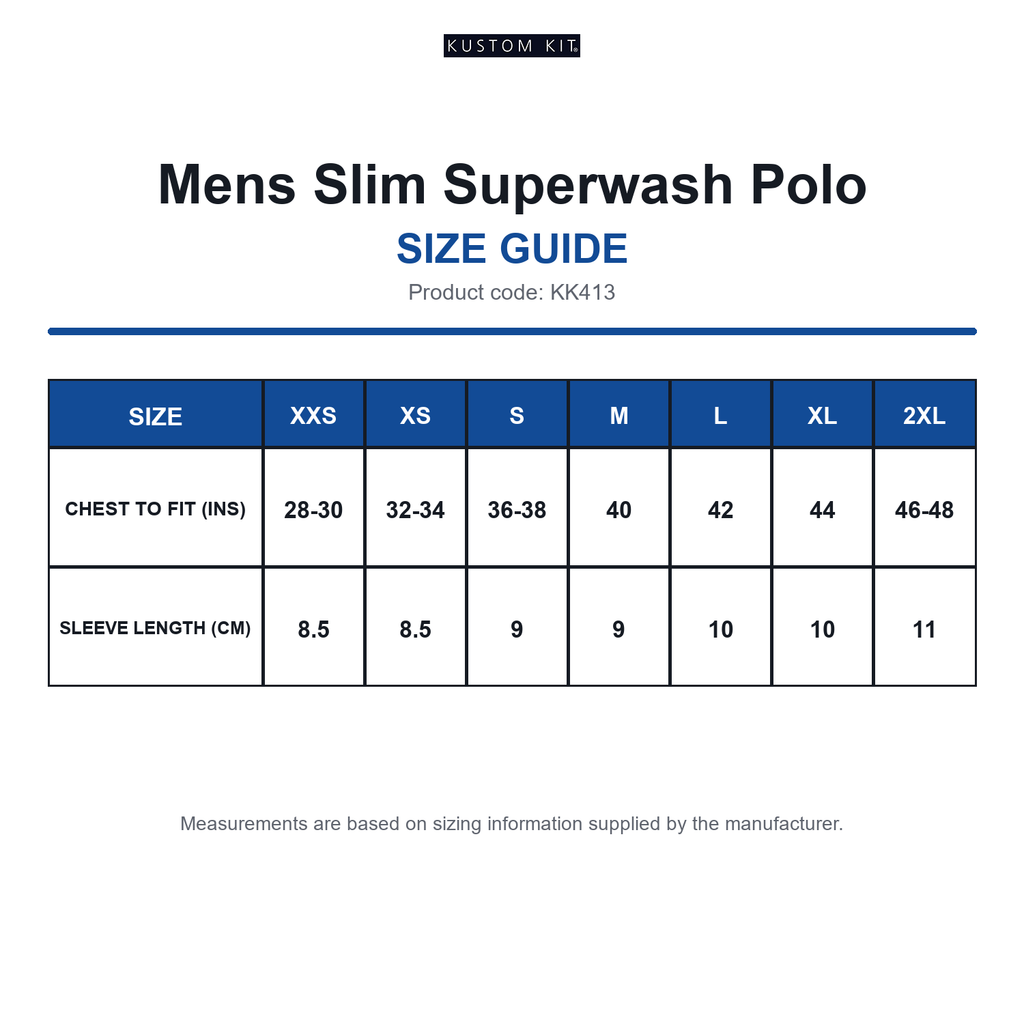 KK413 Kustom Kit Mens Slim Superwash Polo size guide (KK413)