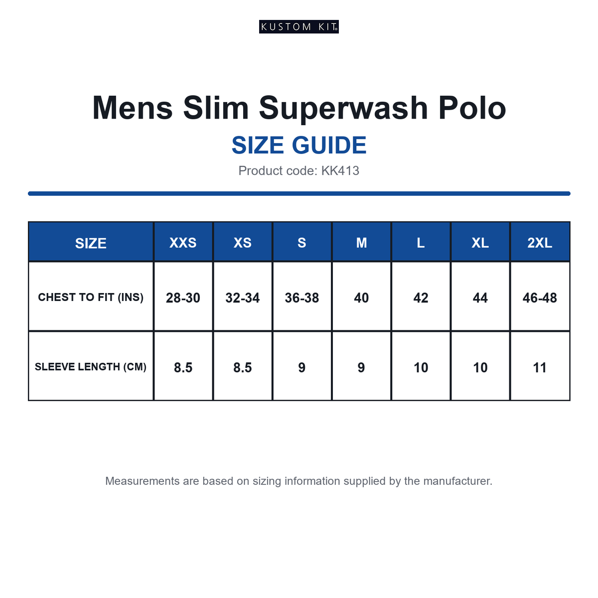 KK413 Kustom Kit Mens Slim Superwash Polo size guide (KK413)