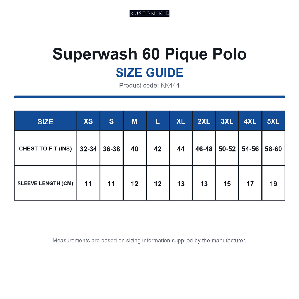 KK444 Kustom Kit Superwash 60 Pique Polo size guide (KK444)
