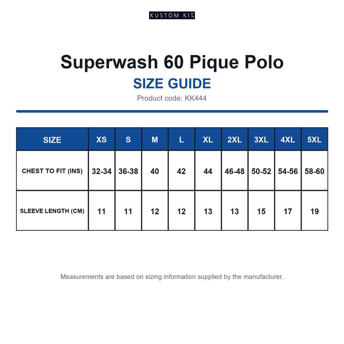 KK444 Kustom Kit Superwash 60 Pique Polo size guide (KK444)
