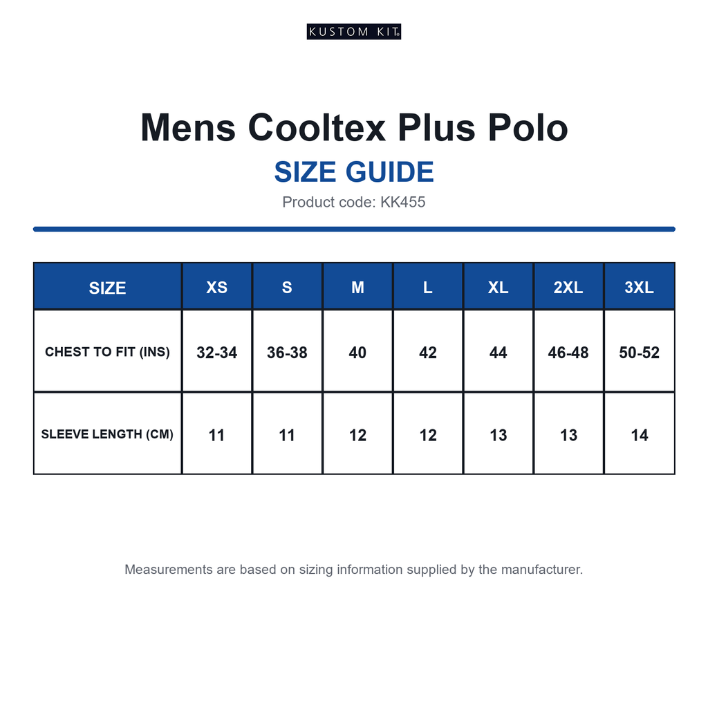 KK455 Kustom Kit Mens Cooltex Plus Polo size guide (KK455)