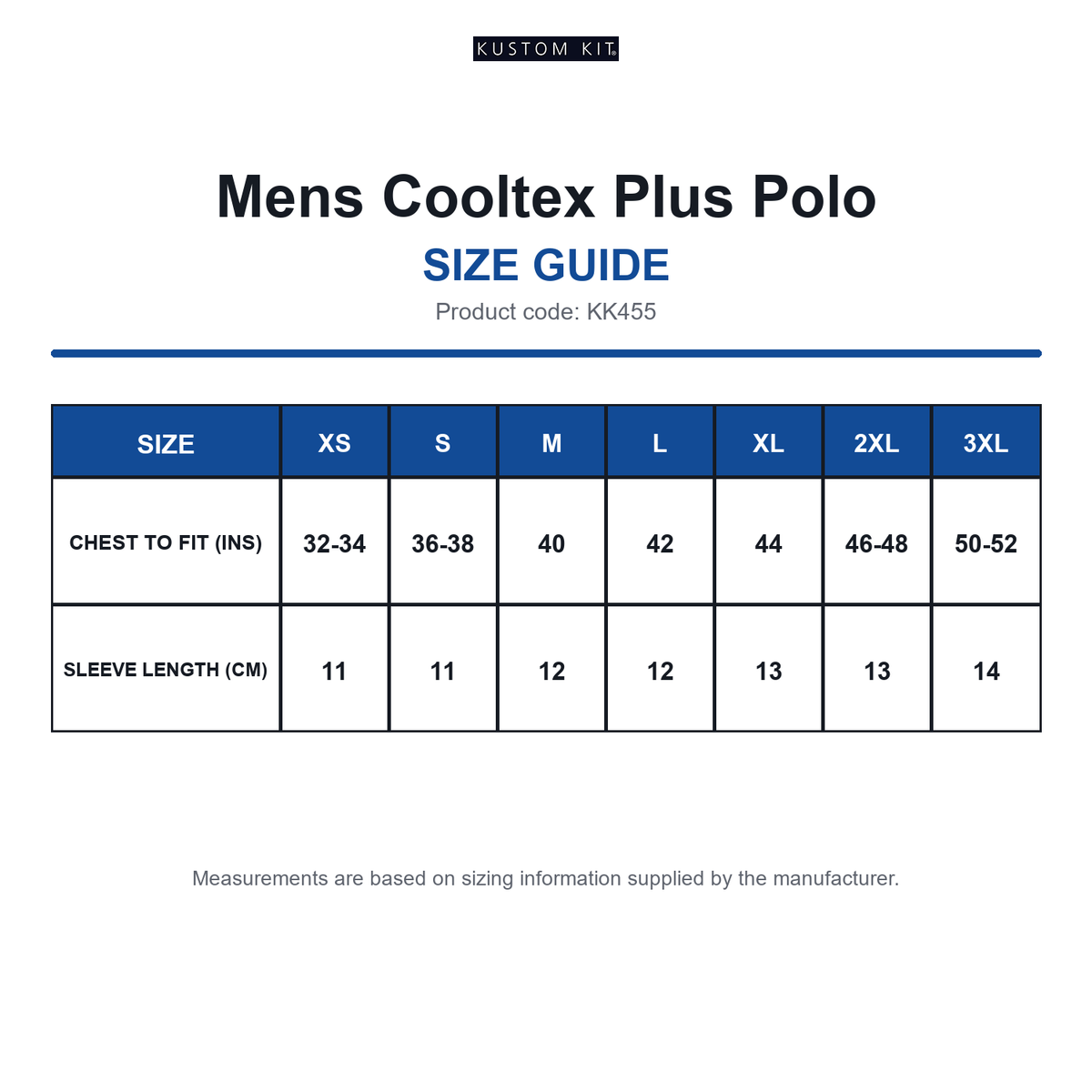 KK455 Kustom Kit Mens Cooltex Plus Polo size guide (KK455)