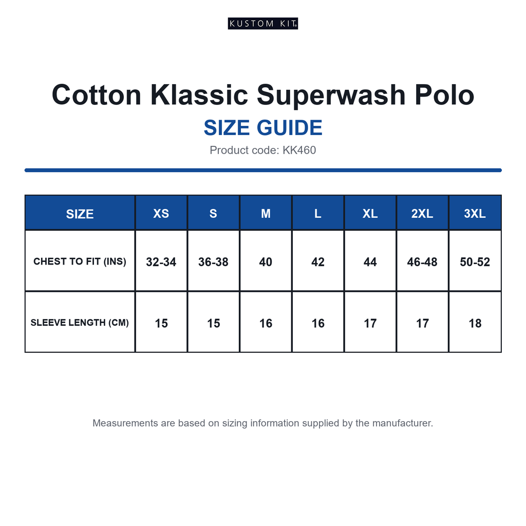 KK460 Kustom Kit Cotton Klassic Superwash Polo size guide (KK460)
