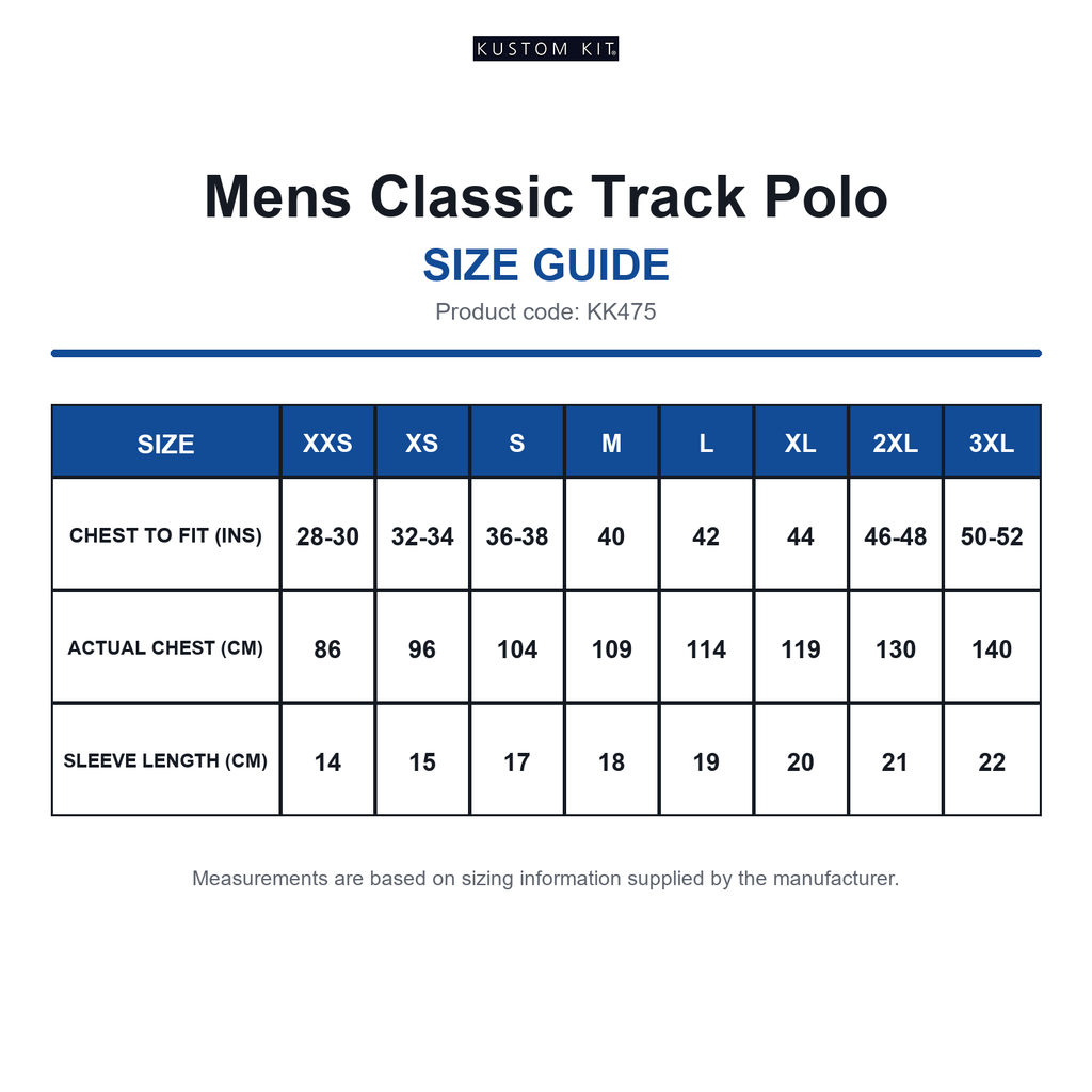 KK475 Kustom Kit Mens Classic Track Polo size guide (KK475)
