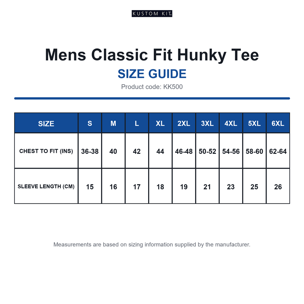 KK500 Kustom Kit Mens Classic Fit Hunky Tee size guide (KK500)